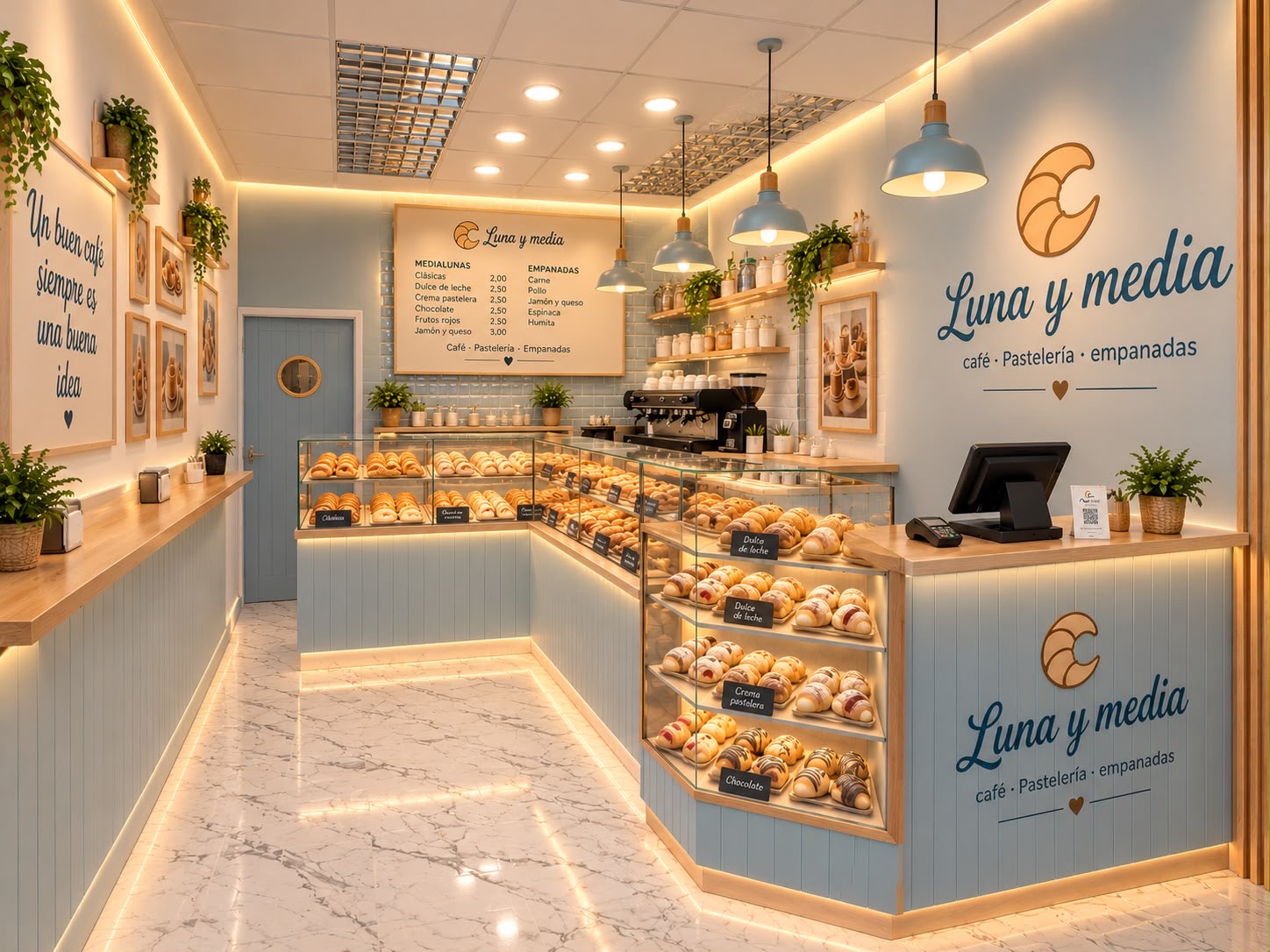 Establecimiento Luna y Media en Almería: vitrinas de pastelería, lámparas azul grisáceo y calidez de madera